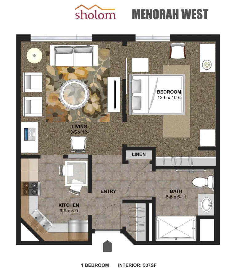 Floor plan of a 1-bedroom, 1-bath Sholom Senior Living apartment with labeled living, kitchen, linen, and entry areas; interior space is 537 square feet.