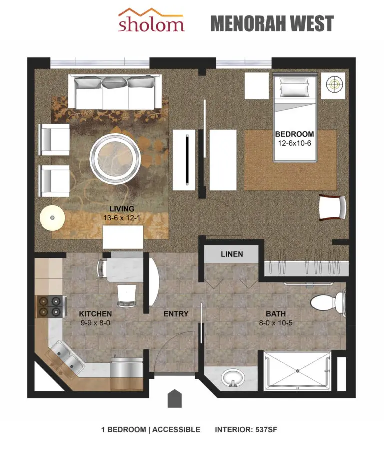 Floor plan of a Sholom Senior Living one-bedroom accessible apartment with labeled areas for living room, bedroom, kitchen, entry, linen closet, and bathroom; total interior space is 537 sq. ft.