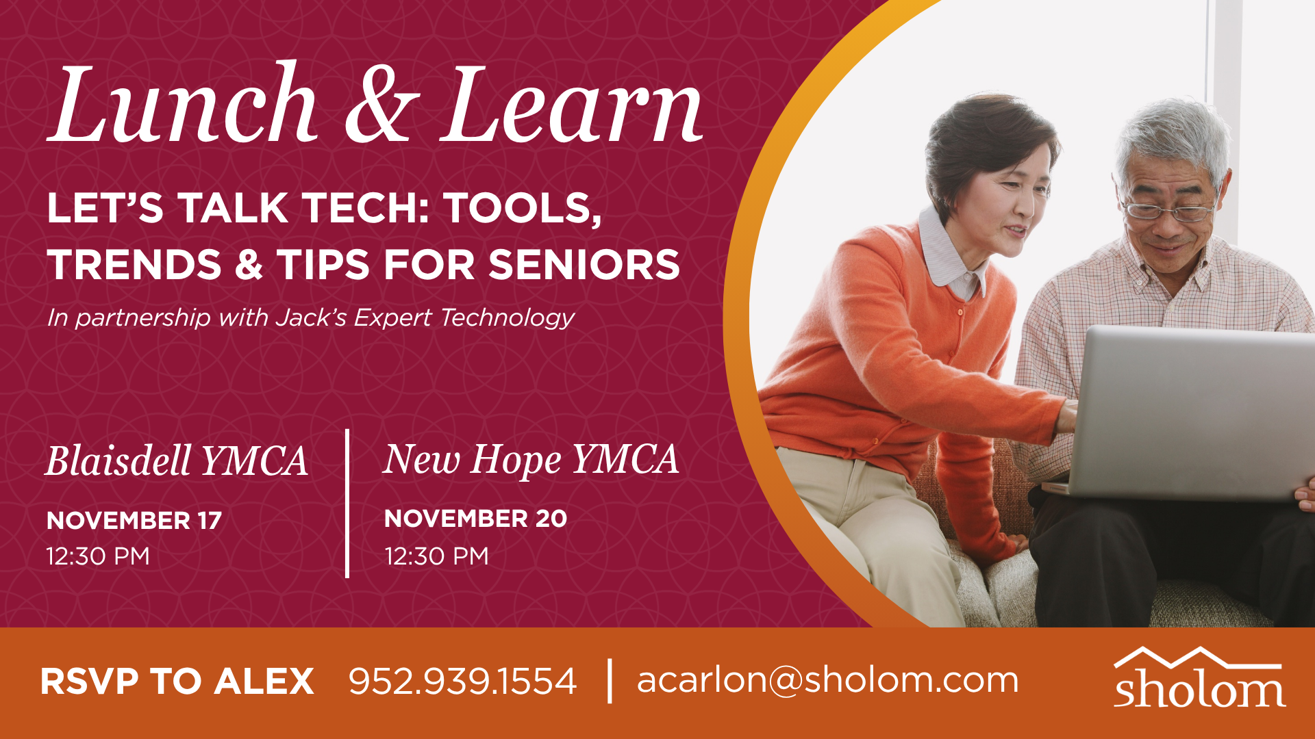 thumbnail_Tech Help For Seniors Lunch & Learn Seniors Technology Support in St. Louis Park Minneapolis MN Sholom Senior Living New Hope YMCA Education Information on our upcoming lunch and learn series for technology support for seniors in st. louis park